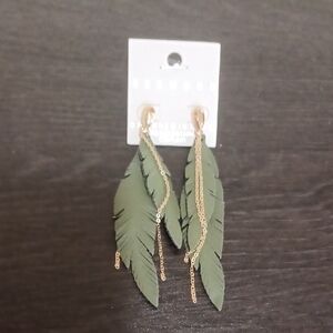 Olive Feather Earrings with Gold Chains